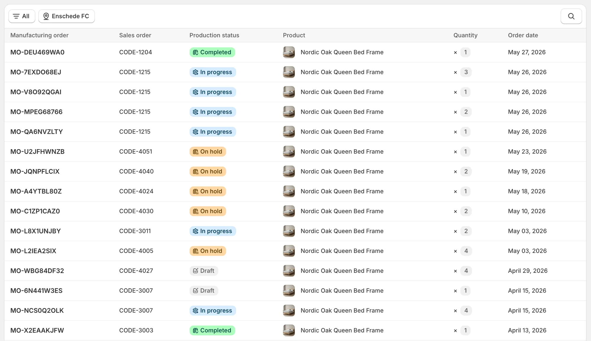 Orderkraft manufacturing orders dashboard — a live production queue showing Shopify orders with statuses: completed, in progress, on hold, and draft.